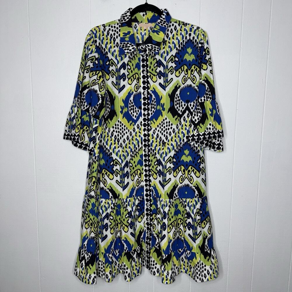 Azure And Indigo Women’s Ikat Shirt Dress Lime Green Blue Size Large
